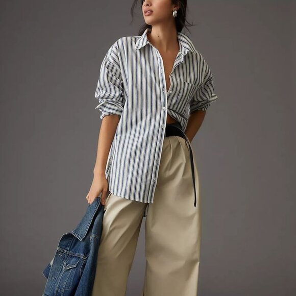 Anthropologie Maeve Bennett Button Down Blue White Striped Oversized Size Medium - Picture 1 of 10